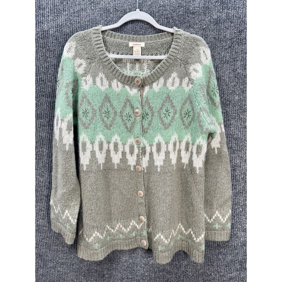 Sundance Mohair Blend Button Cardigan Womens Large Sweater Gray Mint Fair Isle - Picture 1 of 8